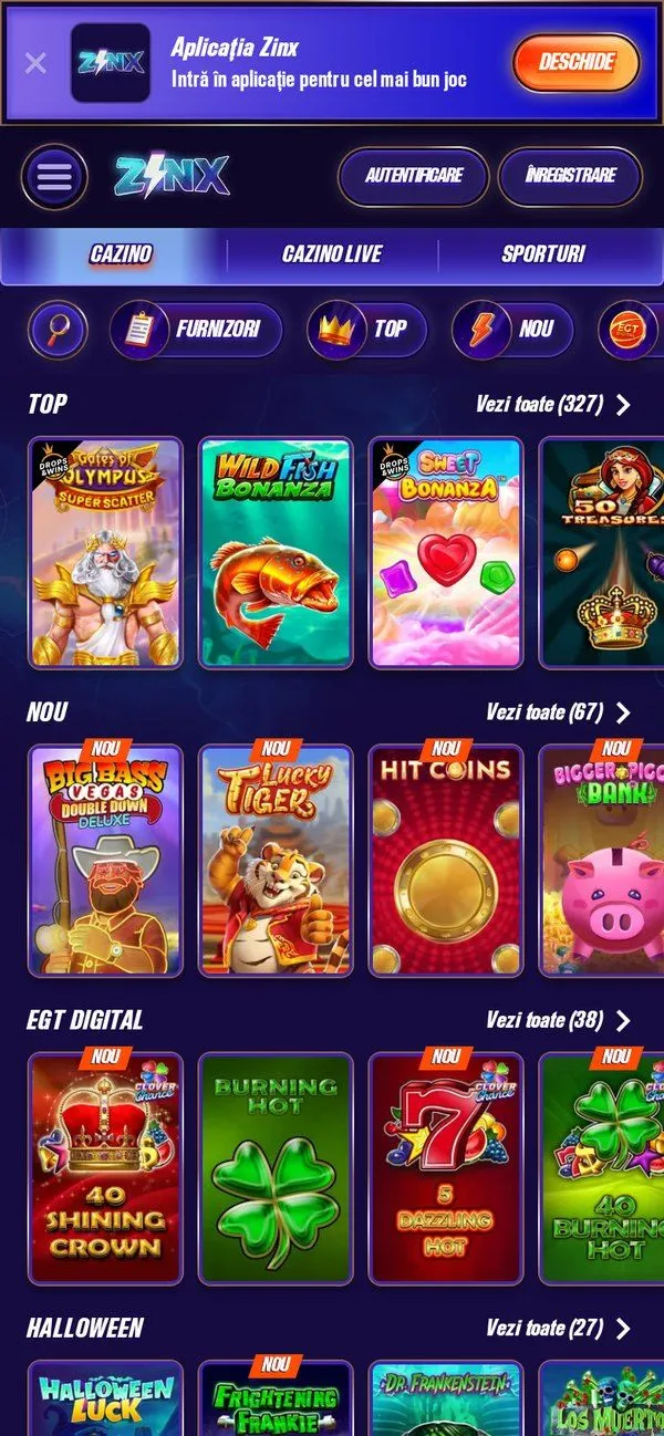 Versiunea mobilă Zinx Casino cu secțiunile de jocuri și meniu